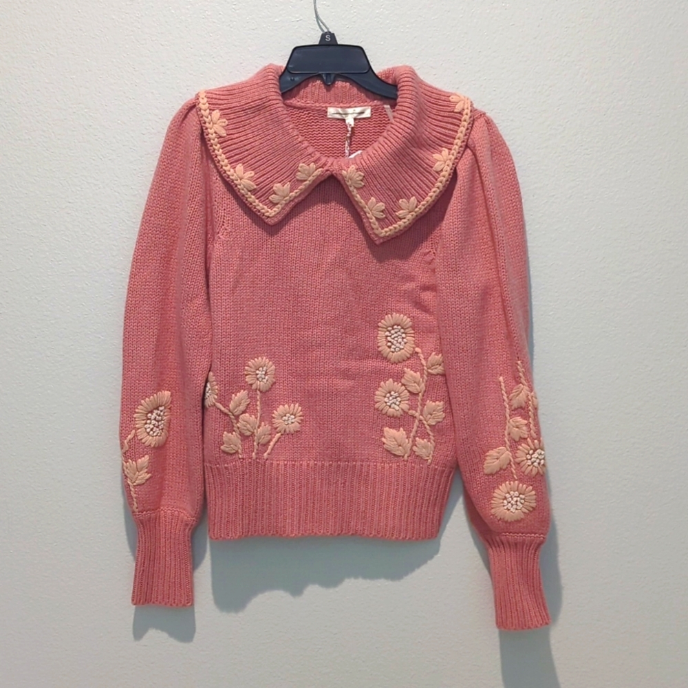 LoveShackFancy Union Collared Pullover Sweater In Rose Blush